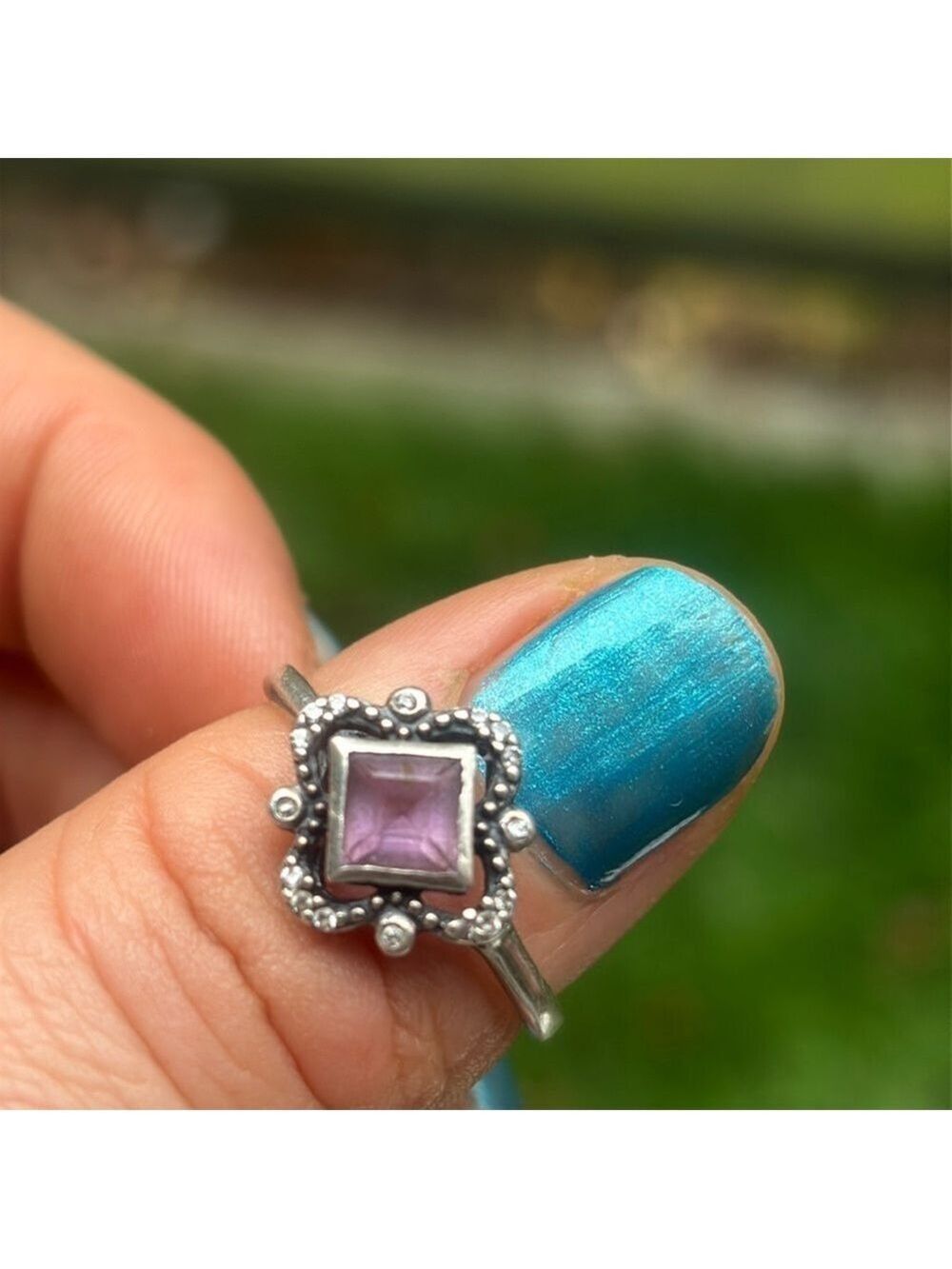 VINTAGE 925 Sterling Silver Amethyst Ring Size 9 RJ Maker Mark Square Cut Boho